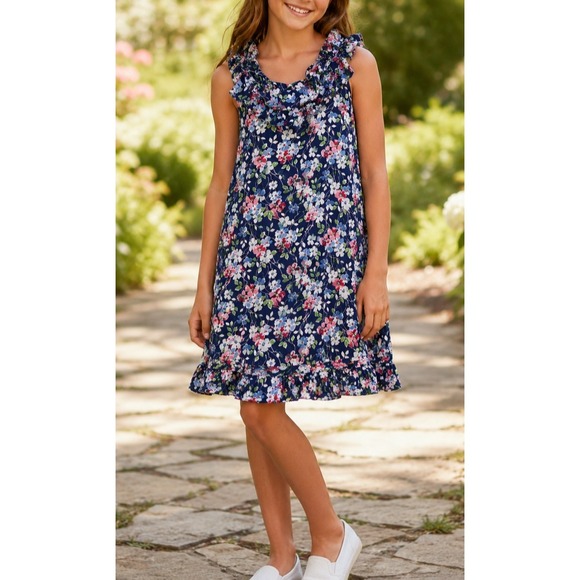 Ralph Lauren Other - Ralph Lauren Girls Navy Blue Pink Floral Ruffle Cotton Sundress Size 16 Kids